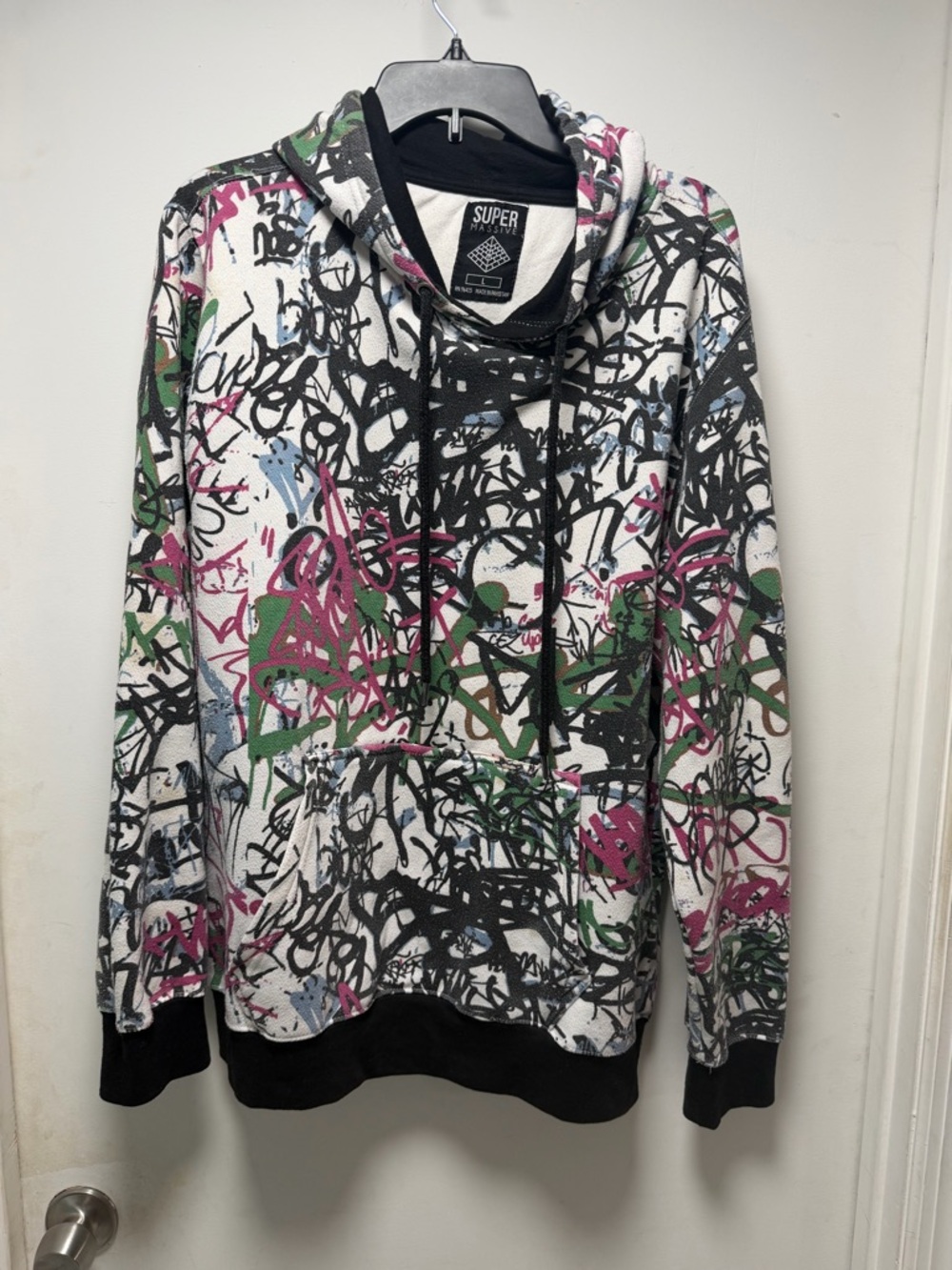 Super Crew Graffiti Print Hoodie in White with Black, Pink & Green Accents